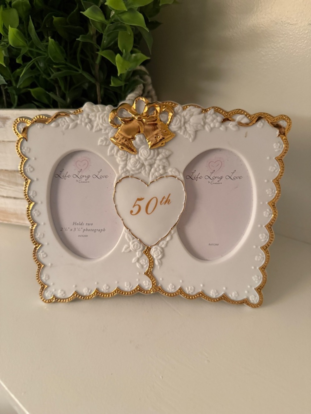 50th Golden Anniversary Gold Trim White Picture Frame- Holds Two Cherished Photo